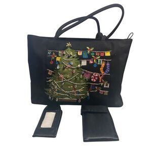 BUENO Vintage Christmas Tree Beaded Black Shoulder Tote Bag 9X3X12.5 Holiday‎
